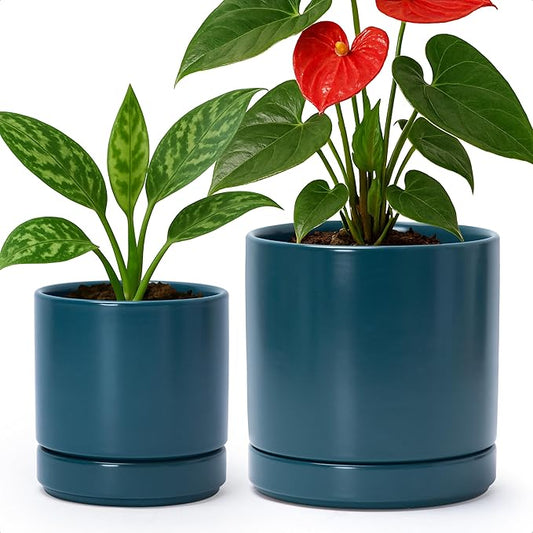 D'vine Dev 4.7 Inch & 6.5 Inch Ceramic Planter Pots for Plants with Drainage Hole and Saucer, Small Plant Pots Set, Teal, 94-G-S-9