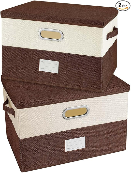 Large Linen Fabric Foldable Storage Bins with Removable Lid and Handles, Washable Storage Box Organizer Containers Baskets Cube with Cover for Bedroom,Office (Coffee&Cream, Medium(2-Pack))