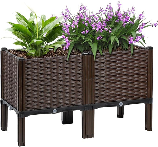 Rattan Raised Garden Bed with Legs-Rectangular Elevated Planters for Outdoor Plants, Self Watering Planter Box 32"L x 16"W x 20"H, Rectangular Deep Garden Bed for Vegetables, Flowers, Herbs