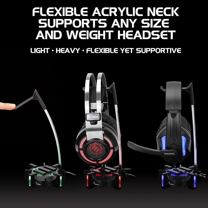 ENHANCE Gaming Headphone Stand Headset Holder with 4 Port USB Hub, Customizable LED Lighting, Flexible Acrylic Neck - Universal Hanger with Weighted Base for Wired or Wireless Headsets - PS4, Xbox, PC