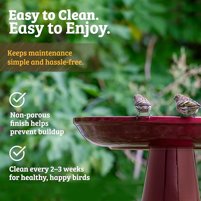 Birds Choice Ohio Stoneware Bird Bath | Pedestal Bird Bath, Stable Locking Top | Weather-Resistant Ceramic Clay, Glazed Finish | Outdoor Garden & Patio Decor | 22" H x 17" D, Burgundy