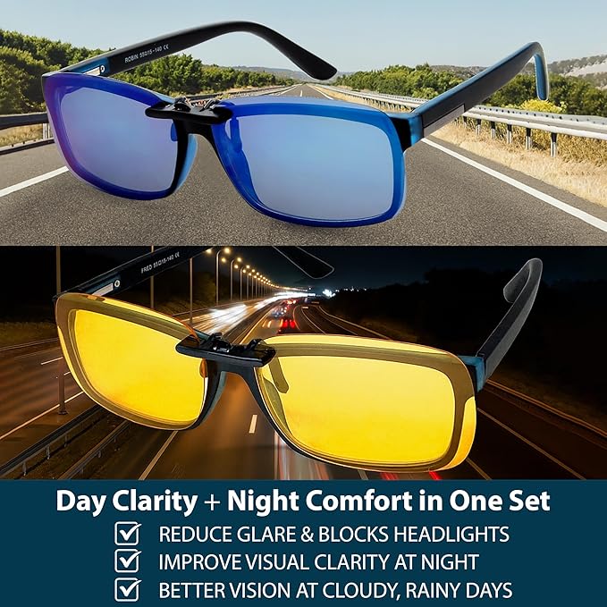 BLUE CUT Clip on Polarized Night Vision, Driving Sunglasses UV 400 Blocker To Wear Over Prescription Glasses