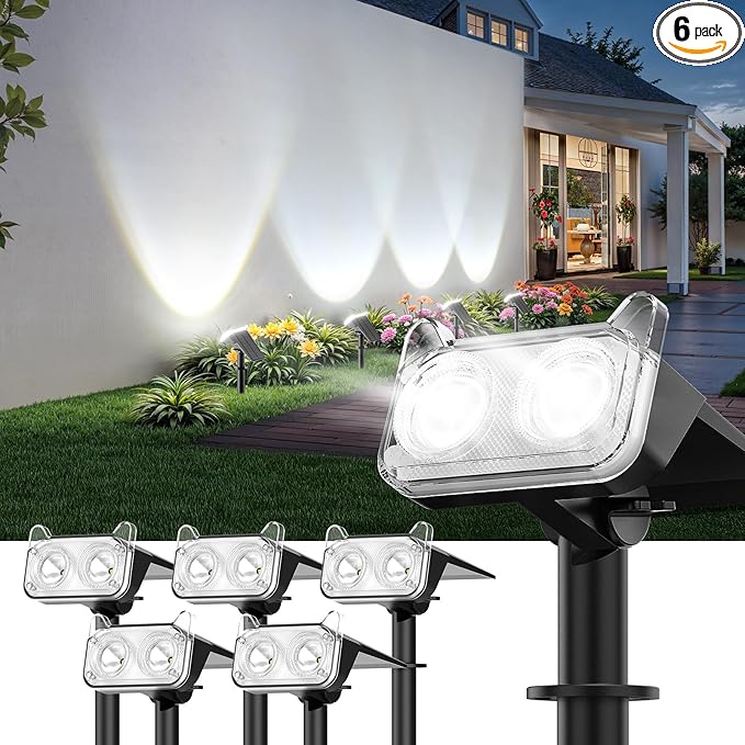 LETMY Solar Spot Lights Outdoor Waterproof with Bigger LED, 6 Pack Auto ON/OFF 135°Adjustable Solar Lights Outdoor, 2-in-1 Wall Lights & 2 Modes Landscape Spotlights for Tree Yard Pathway Garden Decor