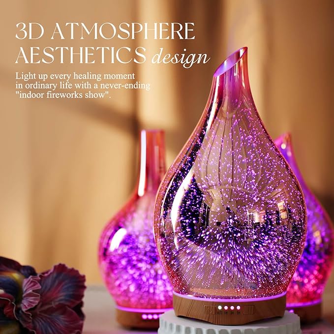 Porseme 280ml Essential Oil Diffuser, 3D Glass Aromatherapy Diffusor, Ultrasonic Cool Mist BPA Free Aroma Humidifier with Timer and Color Changing Function, Waterless Shut-Off for Home Office Room