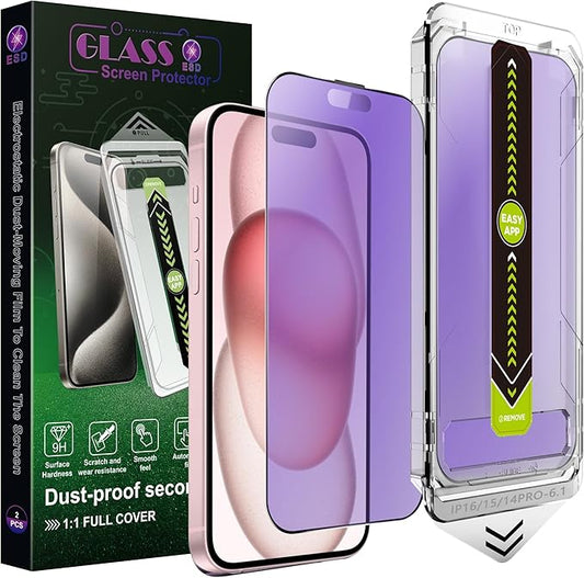 2 Pack Anti Blue Light Blocking Matte Screen Protector for iPhone 14 Pro/15/16 (6.1-Inch),9H Tempered Glass,Anti-Glare,Full Coverage,Anti-Fingerprint,Auto Dust Removal,Bubble-Free
