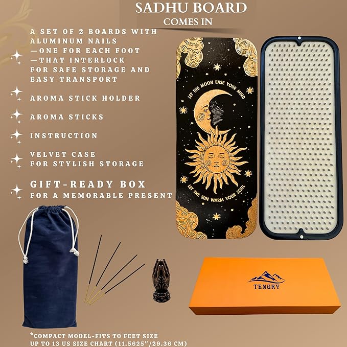 TENGRY Sadhu Board, Specially Crafted Aluminum & Copper Nails, Light Nail Board, 0.31 IN (8 mm), Beginners, Hexagon, Slim Sadhu Wood Board for Standing on Nails, Acupuncture Foot Massage, Yoga Gift