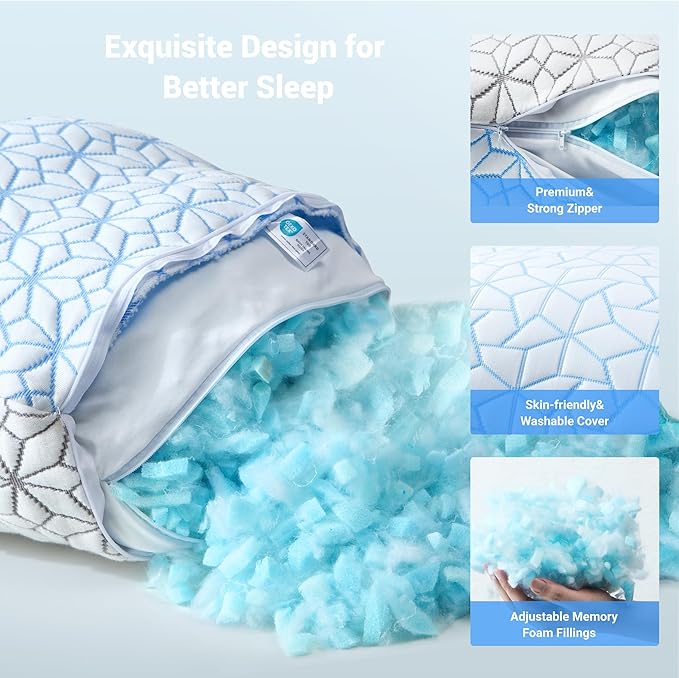 puredown King Size Pillows Set of 2, Cooling Pillow King Size 2 Pack, Adjustable Shredded Memory Foam Pillows for Side Back Stomach Hot Sleepers, Ice Blue