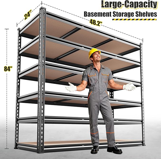 REIBII 6-Tier Garage Shelving, 84" H Storage Shelves Load 3300LB, Adjustable Metal Shelving, Large-Capacity Garage Shelves for Basement, Warehouse, 48.2" W X 84" H X 24" D, Black