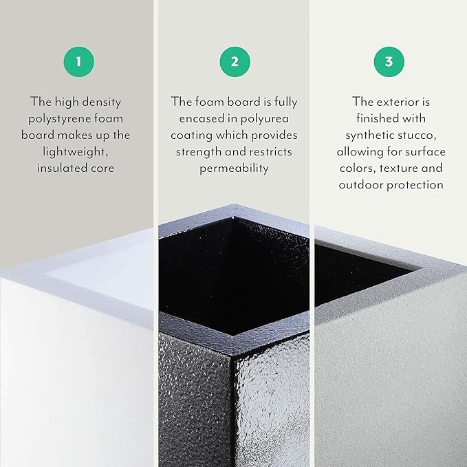 PolyStone Milan Tall Modern Outdoor/Indoor Rectangular Trough Planter, 46" W x 19" H, Lightweight, Heavy Duty, Weather Resistant, Polymer Finish, Commercial and Residential (White Granite)