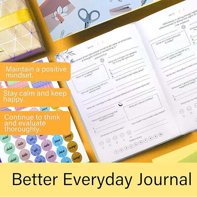 Gratitude Journal with 6 Inspirational Stickers and Pencil, Daily Reflection Journal for More Happiness, Mindfulness & Affirmation, Self Care Journals for Women & Men,Orange