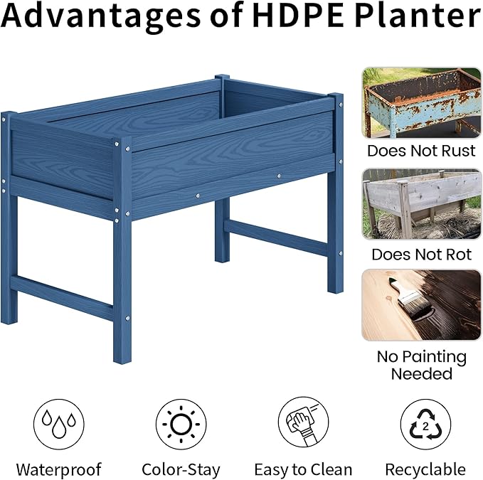 HDPE Raised Garden Planting Bed with Legs,Garden Boxes Outdoor Raised with Drainage Hole Rot-Resistant,Raised Beds for Gardening for Backyard, Patio, Balcony 300 lb Capacity (Navy)
