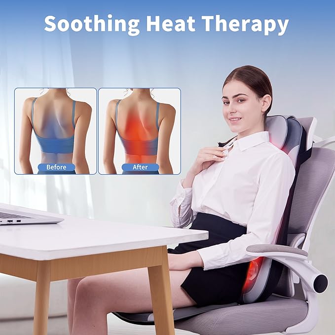 Shiatu Back Massager with Heat & Cooling, Kneading Rolling Vibration Chair Massager for Deep Tissue Pain Relief, Massage Chair Pad for Home & Office