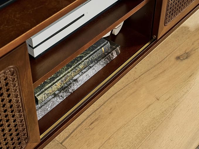 LKTART 68 Inch Mid Century Modern TV Stands with Rattan Doors, MCM Entertainment Center Media Console for 60/65/70/75 inch TVS, Long Boho Television Stand for Living Room, Dark Walnut