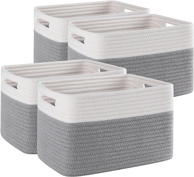 4 Pack Storage Baskets for Organizing, Woven Baskets for Shelves - Perfect for Toys, Books, Towels, and Clothes, Durable Gift Basket Bins Toy Storage, 12.7''L x9''W x7.8''H, Grey and White