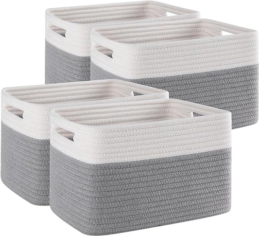 4 Pack Storage Baskets for Organizing, Woven Baskets for Shelves - Perfect for Toys, Books, Towels, and Clothes, Durable Gift Basket Bins Toy Storage, 12.7''L x9''W x7.8''H, Grey and White
