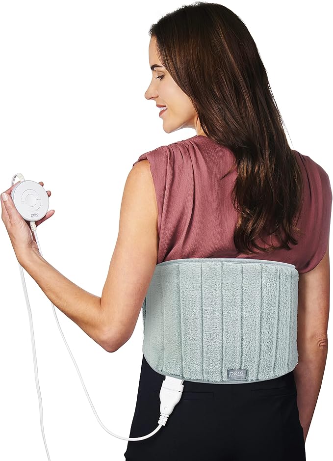 Pure Enrichment® PureRadiance™ Lumbar & Abdominal Luxury Heating Pad for Pain Relief, Patented Design, Soft Faux Fur & Micromink, 6 Heat Settings, Adjustable, Machine Washable, 9.5”x19.7” (Aquamarine)