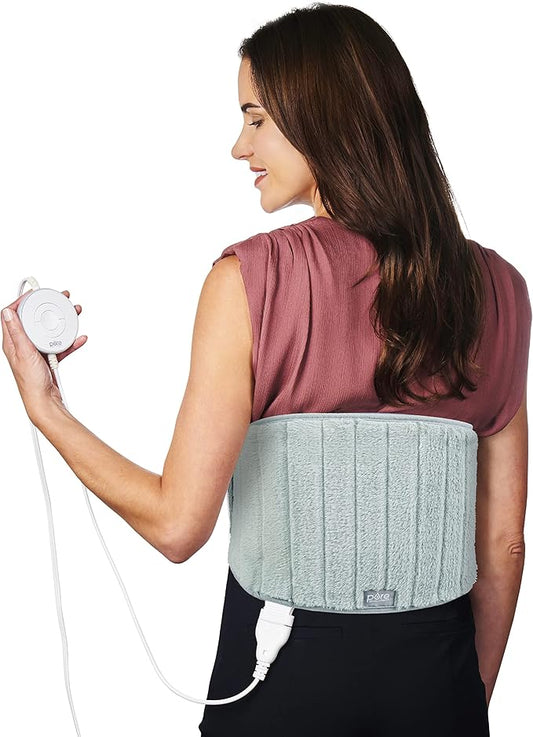Pure Enrichment® PureRadiance™ Lumbar & Abdominal Luxury Heating Pad for Pain Relief, Patented Design, Soft Faux Fur & Micromink, 6 Heat Settings, Adjustable, Machine Washable, 9.5”x19.7” (Aquamarine)