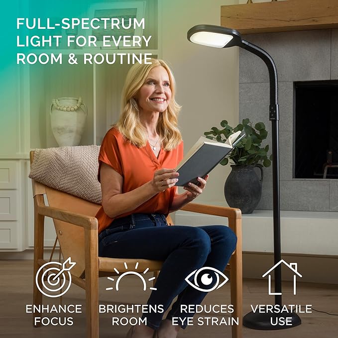 Verilux SmartLight Full Spectrum LED Modern Floor Lamp with Adjustable Brightness, Flexible Gooseneck and Easy Controls - Reduces Eye Strain and Fatigue - Ideal for Reading, Artists, Craft (Black)