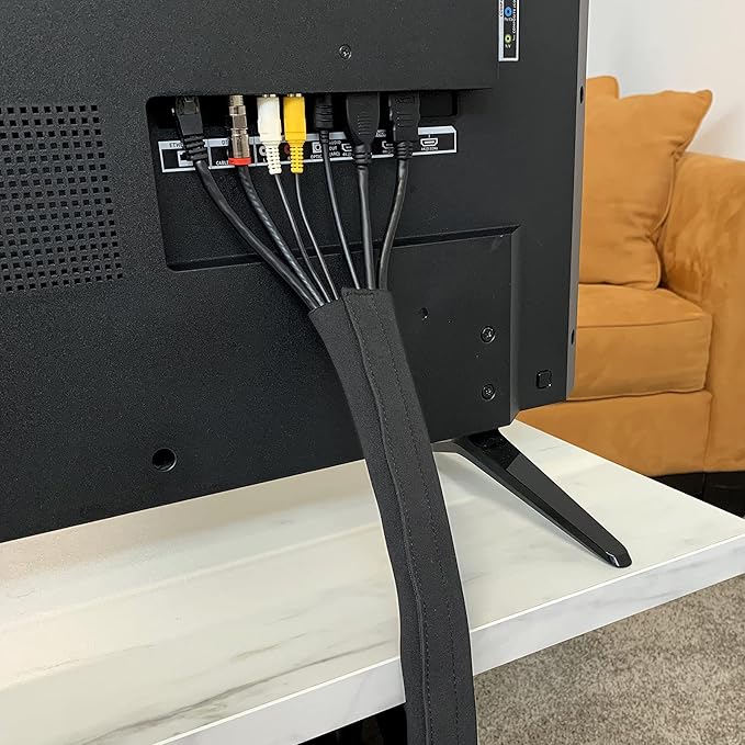 Hook and Loop Cable Sleeve by Wrap-It Storage - 120" x 4.5" Black - Cut to Size Cord Organizer and Cable Protector for Desk, TV Cord Management to Hide and Cover Wire and Extension Cords