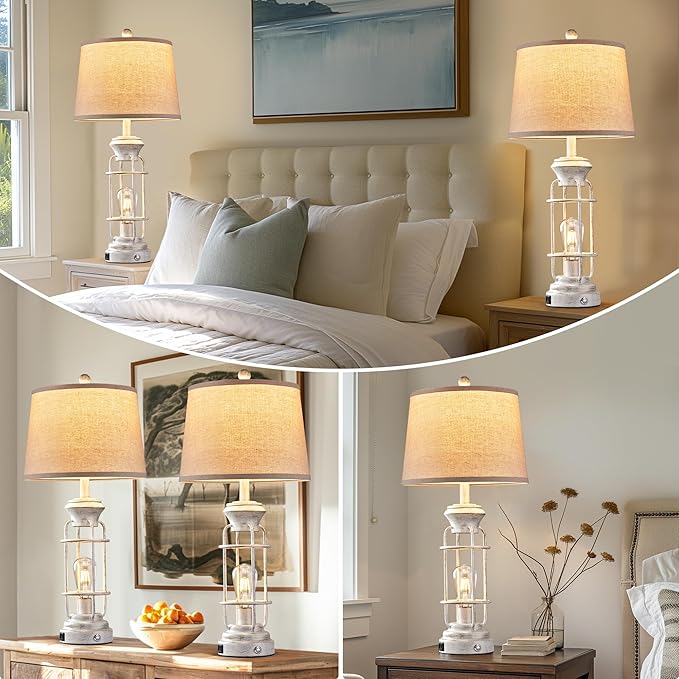 Farmhouse Lamps Set of 2, 28.5" Touch Lamps for Nightstand with USB C+A Ports, LED Bulbs Included