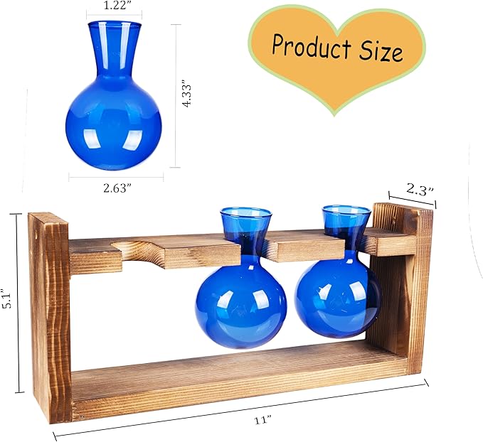 Kingbuy Glass Plant Terrarium Propagation Station - 3 Bulb Colored Vases with Retro Wood Stand Indoor Garden Planter - Wall Mounted & Desktop Decor for Home Kitchen Wedding, Gift for Plant Lover, Blue