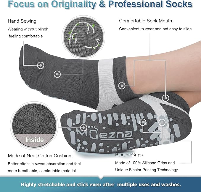 Muezna Non Slip Yoga Socks for Women, Anti-Skid Pilates, Barre, Hospital Socks with Grips, Size 5-10