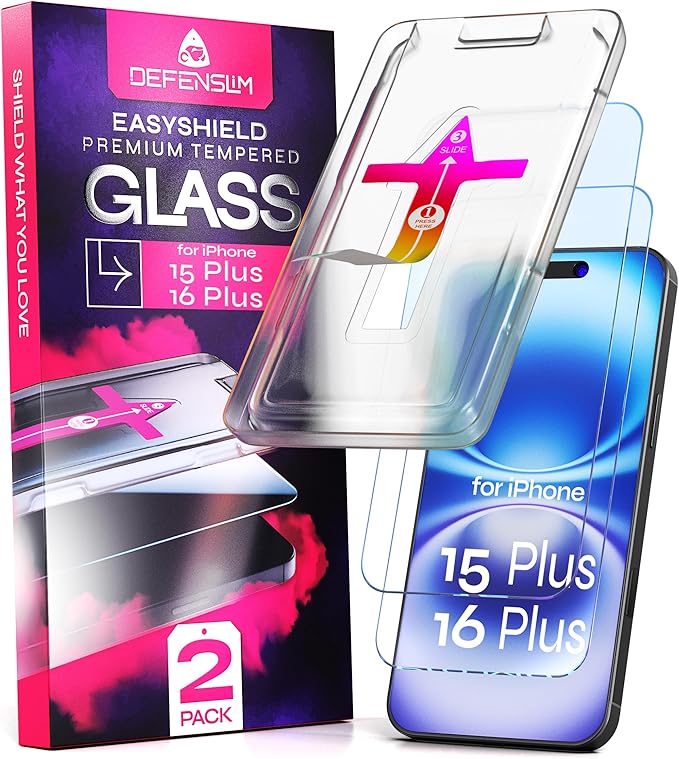 Defenslim Screen Protector for iPhone 15 Plus / 16 Plus (2Pack), Easy Auto-Align Install Kit, 6.7" Tempered Glass, 9H Hardness, Ultra HD Clear, Case Friendly, EasyShield