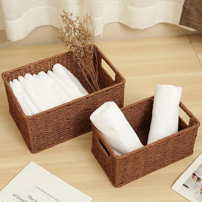 HOONEX Woven Baskets for Storage, Paper Rope Baskets with Sturdy Metal Wire Frame, Baskets for Shelves, Set of 2, Dark Brown