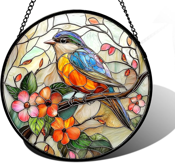 Stained Glass Window Hanging, Blue Bird Pink Flower Suncatcher Diamond Glass Panel Bird Sun Catchers Decor for Birthday for Women, Men, Wife, Aunt, and Mom 6.3 in