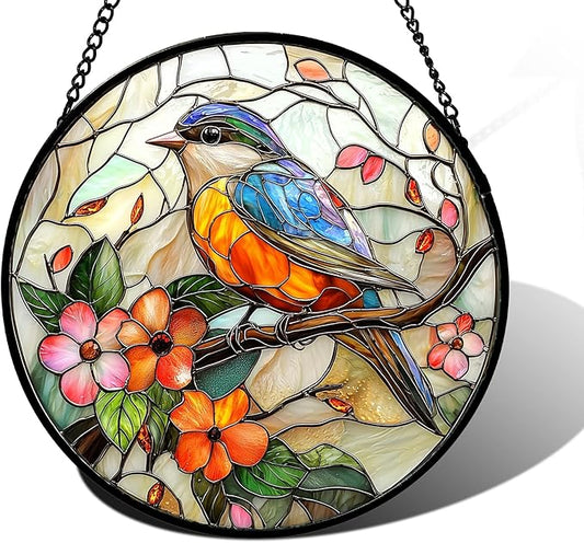 Stained Glass Window Hanging, Blue Bird Pink Flower Suncatcher Diamond Glass Panel Bird Sun Catchers Decor for Birthday for Women, Men, Wife, Aunt, and Mom 6.3 in