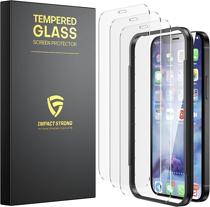 ImpactStrong Shatterproof Tempered Glass Screen Protector for iPhone 12 / iPhone 12 Pro [Easy Installation Frame] [Bubble Free] [9H Hardness] [Full Coverage] Case Friendly, 6.1 Inch - (3-Pack)