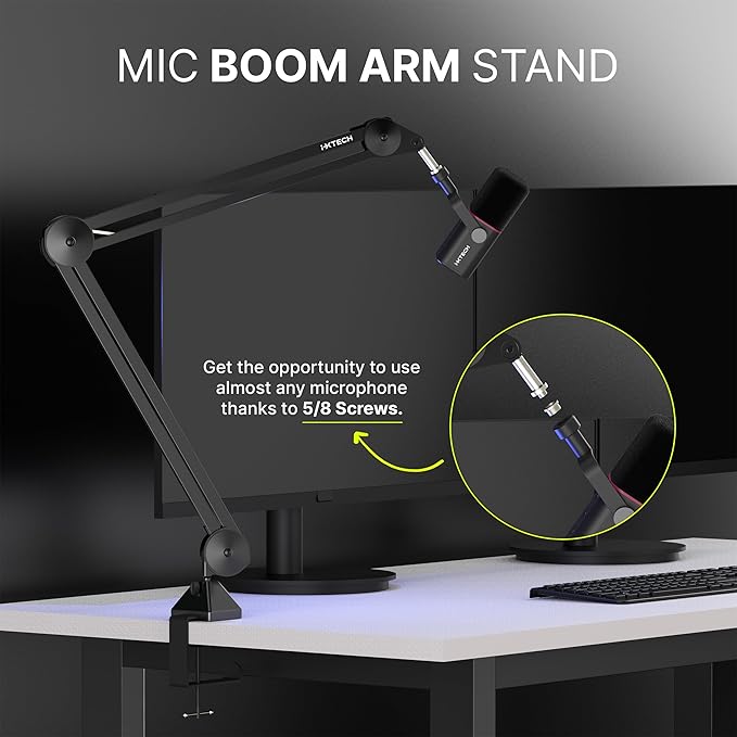 IXTECH Microphone Boom Arm Stand, Heavy Duty Adjustable Mic Stand with Cable Ties, Desk Mount Arm Stand for Gaming Streaming Podcasting.