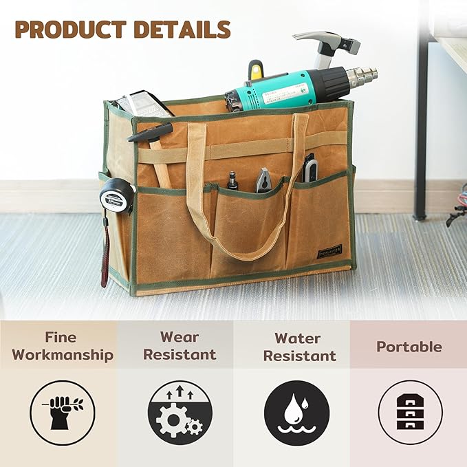 Heavy-Duty Waxed Canvas Tool Tote Bag – Large Capacity Tool Organizer with 14 External Pockets & Padded Handle | Durable Storage Tote for Contractors, Electricians & DIY (16.5" x 7" x 12", Khaki)