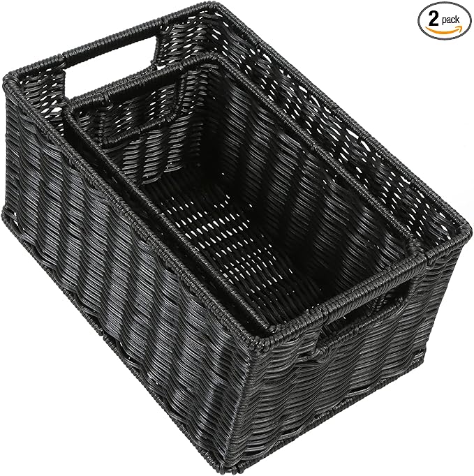 HOONEX Wicker Baskets for Storage, Plastic Baskets for Organizing with Dual Handles, Woven Baskets for Storage, Set of 2, Black