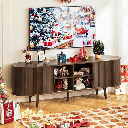 Fluted TV Stand Mid Century 59" TV and Media Console Table with Storage Shelf Sliding Door Modern Entertainment Center for Living Room, Bedroom fit 32"- 65" TVs (Rustic Brown, 59")