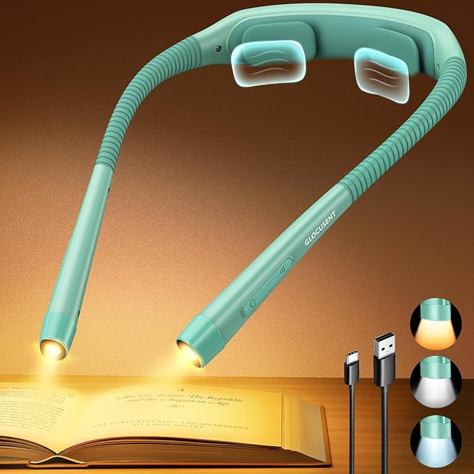 Glocusent Ergonomic Reading Light, 1600mAh Rechargeable Book Light for 100 Hrs - 3 Colors & 5 Brightness, Neck Light with Timers, Sleep Aid & Travel Lock, Perfect for Reading, Knitting & Craft