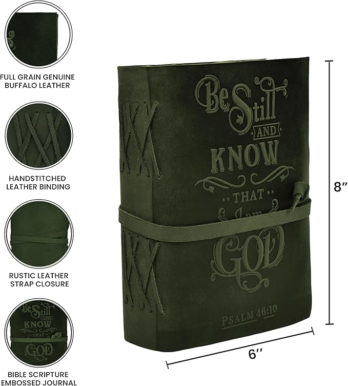 LEATHER VILLAGE Vintage Leather Journal with Psalm 46:10 Bible Verse–8''x6'' Embossed Prayer Study Journal for Women & Men – 200 Pages Handmade Cotton Deckle Edge Watercolor Paper - Aqua