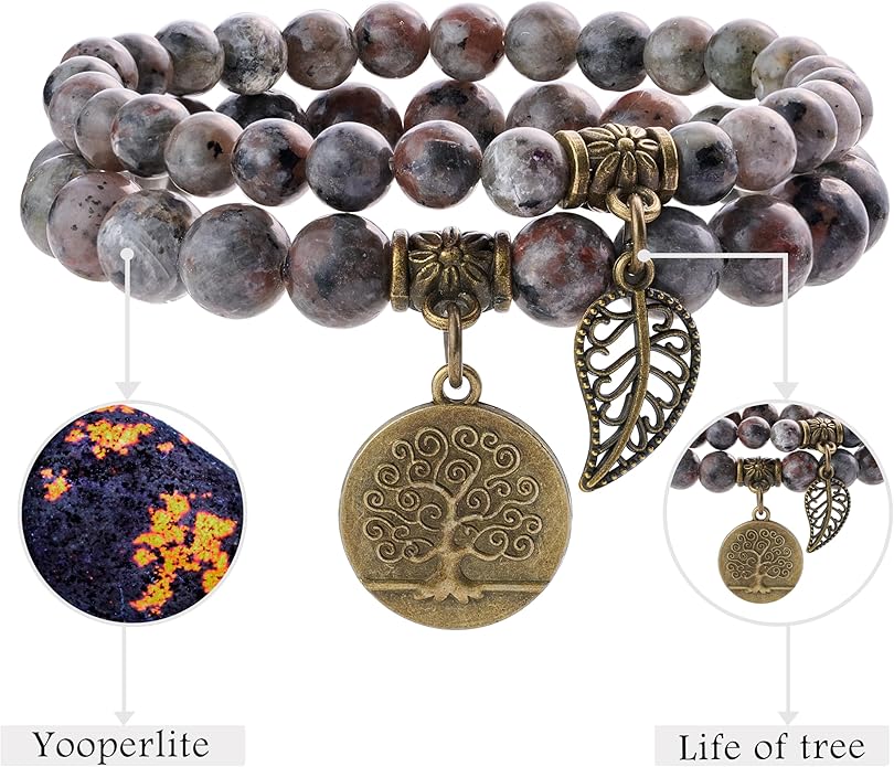 Bivei Natural Semi Precious Gemstone beads bracelet for women - Life Tree and Leaf Charm Energy Reiki Crystal Stretch Bracelets