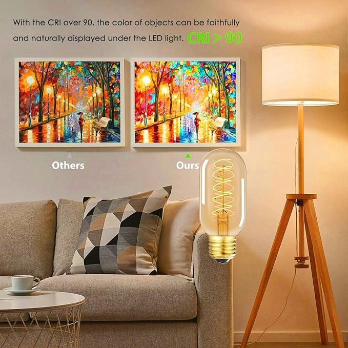 Vintage LED Spiral Filament Bulb T14, E26 Base, 4W Equivalent, 40W Warm White, 2200K, Dimmable, AC120V, 400LM, Amber Glass, Pack of 4