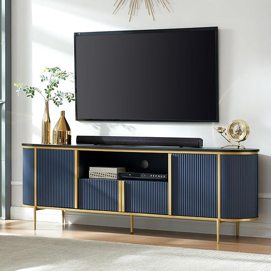 OKD Luxury 70" Fluted TV Stand, Modern Chic Entertainment Center for TVs Up to 80 inches, TV Console with Faux Marble Top, Curved Profile Design, Media Console for Living Room, Navy Blue