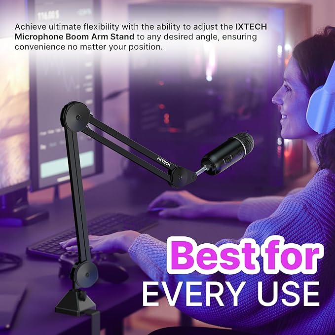 IXTECH Microphone Boom Arm Stand, Heavy Duty Adjustable Mic Stand with Cable Ties, Desk Mount Arm Stand for Gaming Streaming Podcasting.
