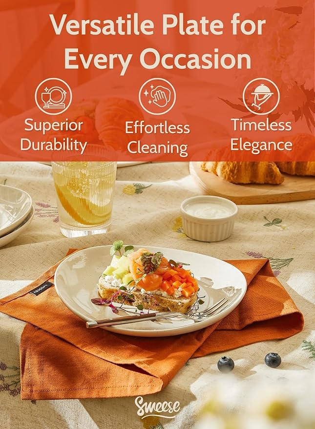 Sweese 7.8" Porcelain Dessert Plates, Beige, Set of 6 - Scratch-Resistant, Microwave Oven Safe Appetizer Plates