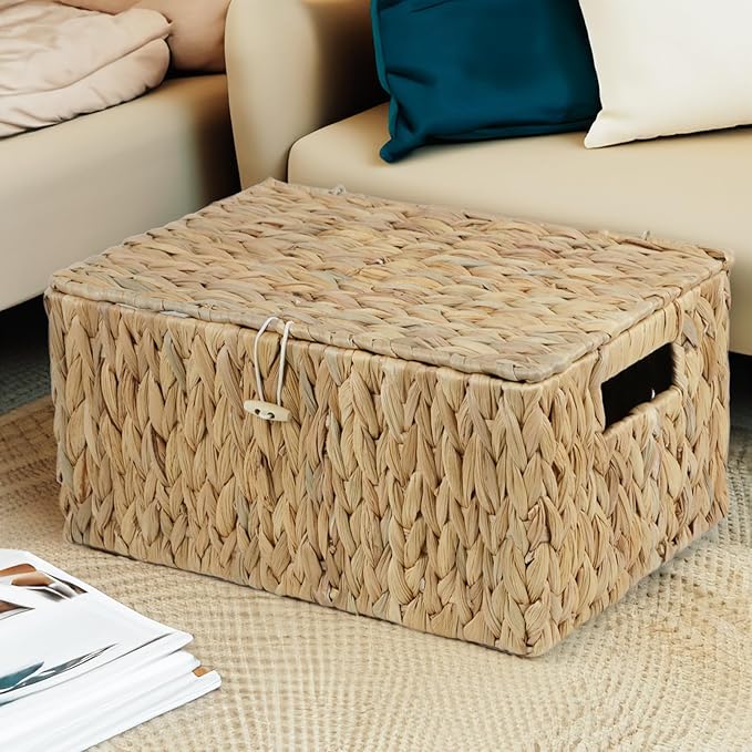 Large Wicker Basket with Lid, Rectangular Water Hyacinth Storage Baskets for Organizing, Woven Basket for Storage, Decorative Boxes Bins with Lids Home Organizer Decor (14.2" x 9.4" x 7")