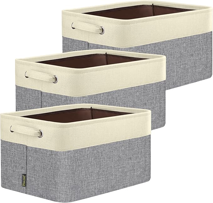 BALEINE 3 Pack Fabric Storage Bins for Shelves, Linen Storage Baskets for Organizing, Decorative Closet Bins for Clothes, Home (Grey, 17''x13''x10.5'')