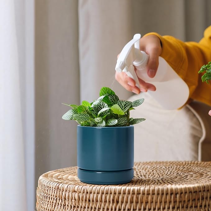 D'vine Dev 3.5 Inch & 4.7 Inch Ceramic Planter Pots for Plants with Drainage Hole and Saucer, X-Small Plant Pots Set, Teal, 94-G-XS-9