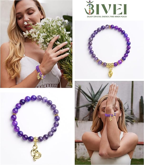 Bivei Natural Semi Precious Gemstone beads bracelet for women - Life Tree and Leaf Charm Energy Reiki Crystal Stretch Bracelets