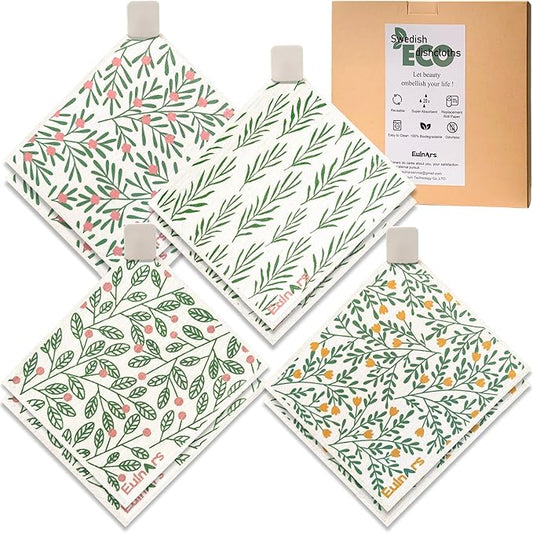 Swedish Dishcloths for Kitchen, 8 Pack Green Reusable Paper Towels with Clips, Non-Scratch Swedish Kitchen Towels, Super Absorbent Cellulose Sponge Cloths, Dishwasher Safe, No Odor