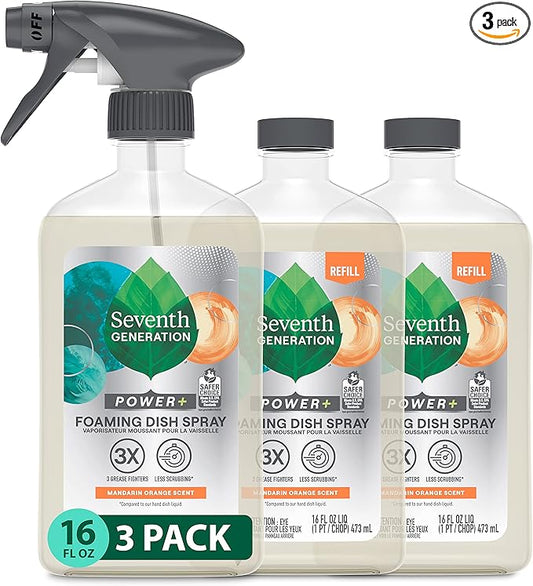 Seventh Generation Foaming Dish Spray, 3 Refills and 1 Sprayhead, 16 Fl Oz (Pack of 3)