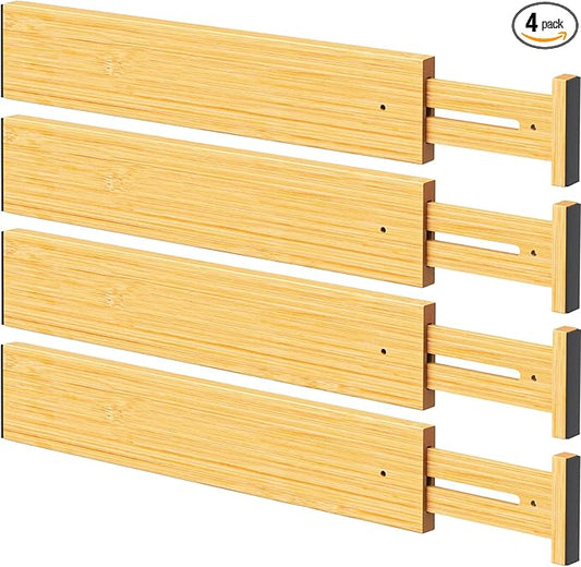 Bamboo Drawer Dividers, Adjustable Kitchen Drawer Organizer for Clothes,17-22" Expandable Drawer Organization Separators for Bedroom,Bathroom,Dresser and Office,4-Pack
