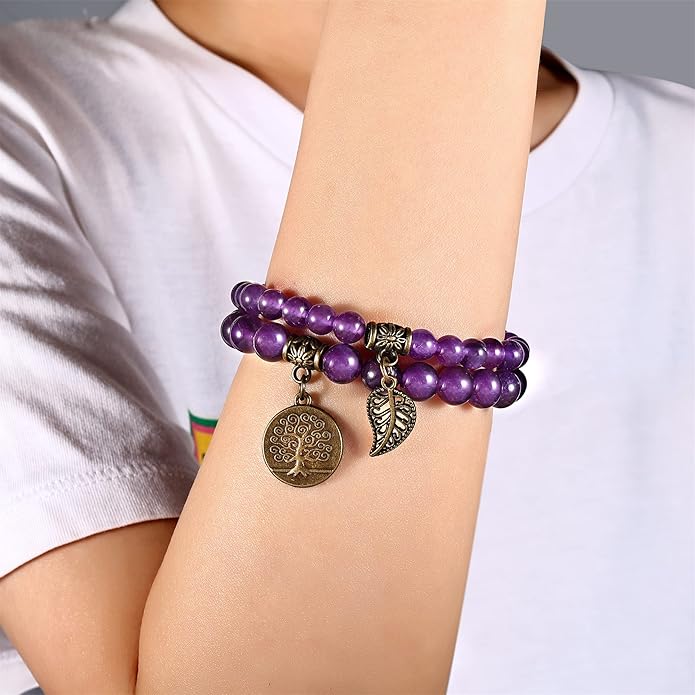 Bivei Natural Semi Precious Gemstone beads bracelet for women - Life Tree and Leaf Charm Energy Reiki Crystal Stretch Bracelets